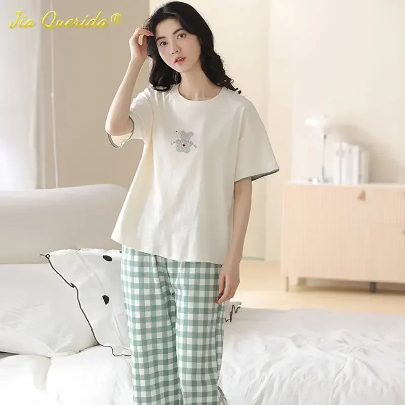 SUKAE Summer 100% Cotton Elegant Womens Pajamas Set Casual Capris Sleepwear for female Knee-length Homewear for Woman Nightwear