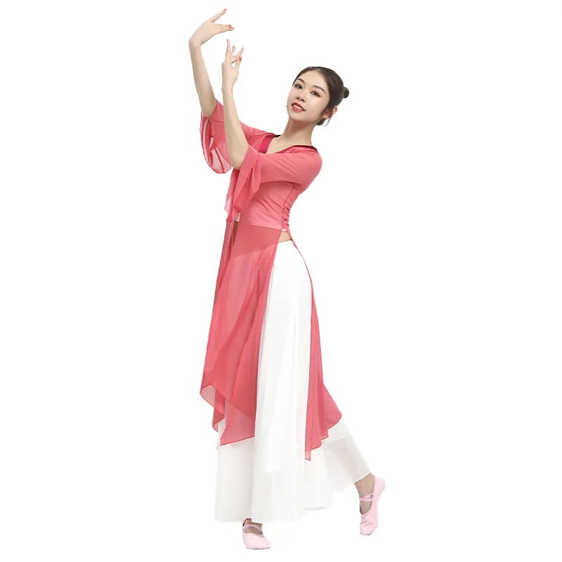 New classical dance clothes body rhyme gauze clothes solid color tops Chinese dance horn sleeves practice clothes set elegant