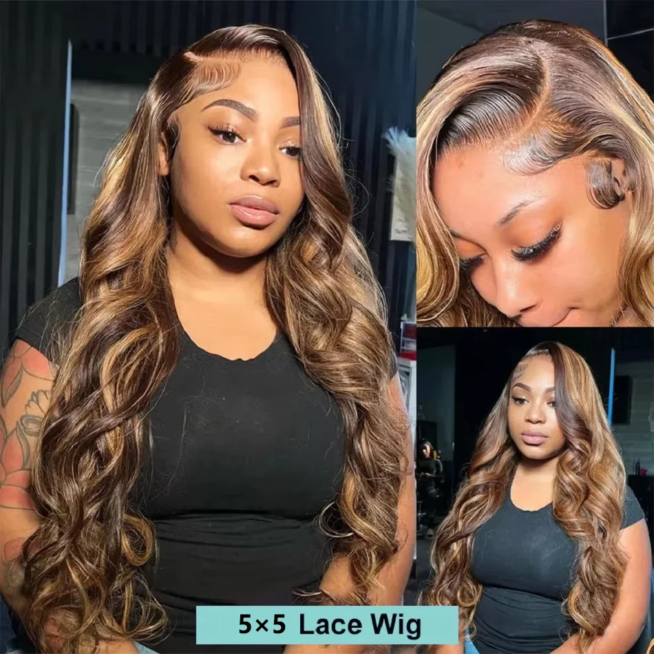 5x5 Highlight Body Wave 200 Density Frontal Wigs Brazilian Remy Hair HD Transparent Lace 100% Human Hair For Women Closure Wigs