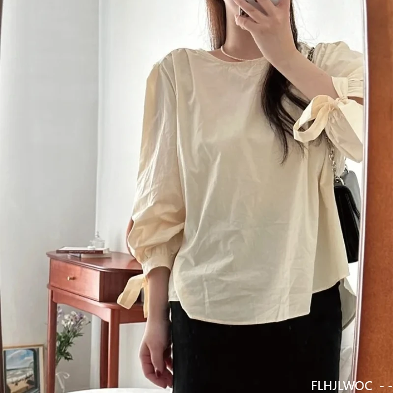 Fliege Tops Blusen süße süße Mädchen Frau Herbst Frühling All-Match-Kleidung Retro Vintage Preppy Japan Stil Baumwollmischungen Top