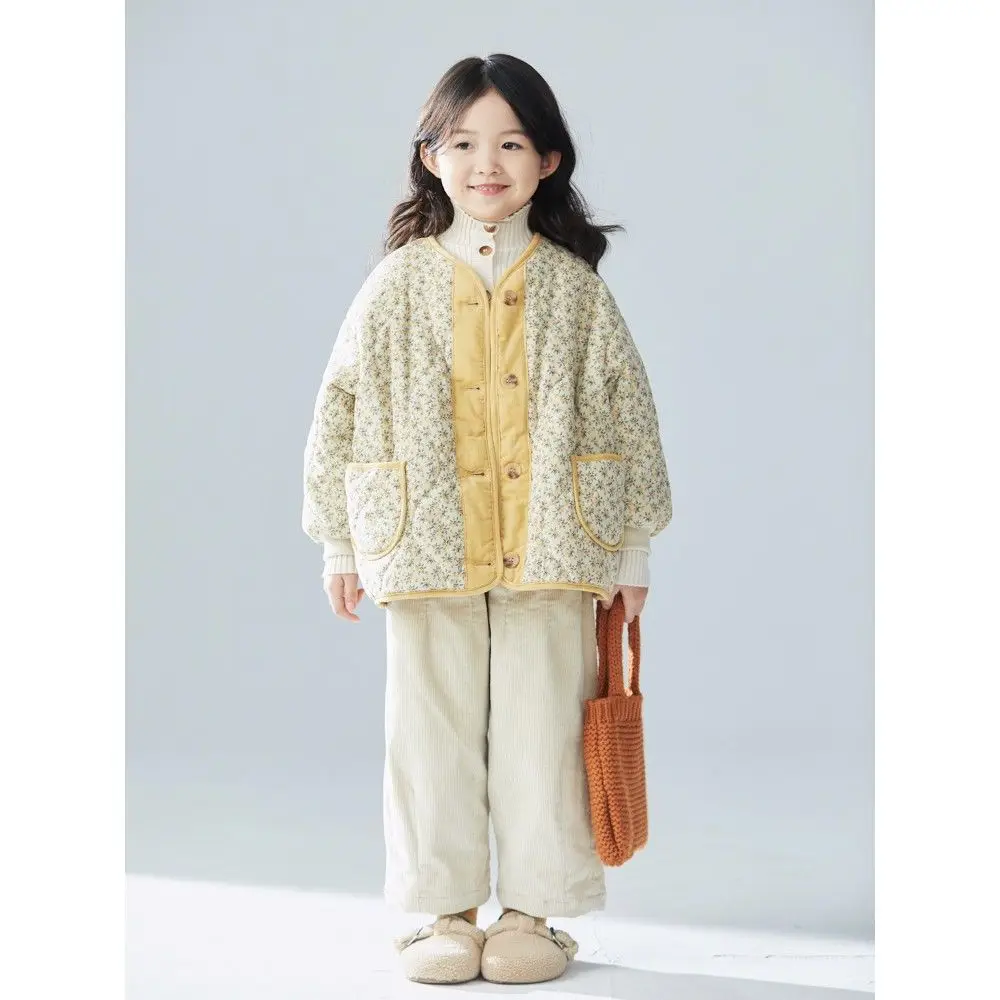 Thick Girls\' Winter Korean Cute Floral Padded Corduroy Goose Yellow Padded Fashion Warm Casual Sweet Jacket