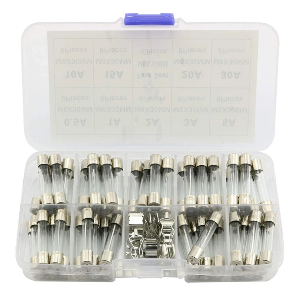 82 PCS 6x30mm 0.5-30A Quick Blow Glass Fuse Fast-Blow Glass Fuses Assorted Kits with Plastic Box 250V