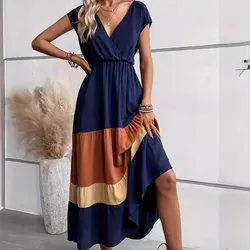 New Pleated Dress V-neck Pressed Color Matching Dress Casual Loose Waist Long Wide Dress