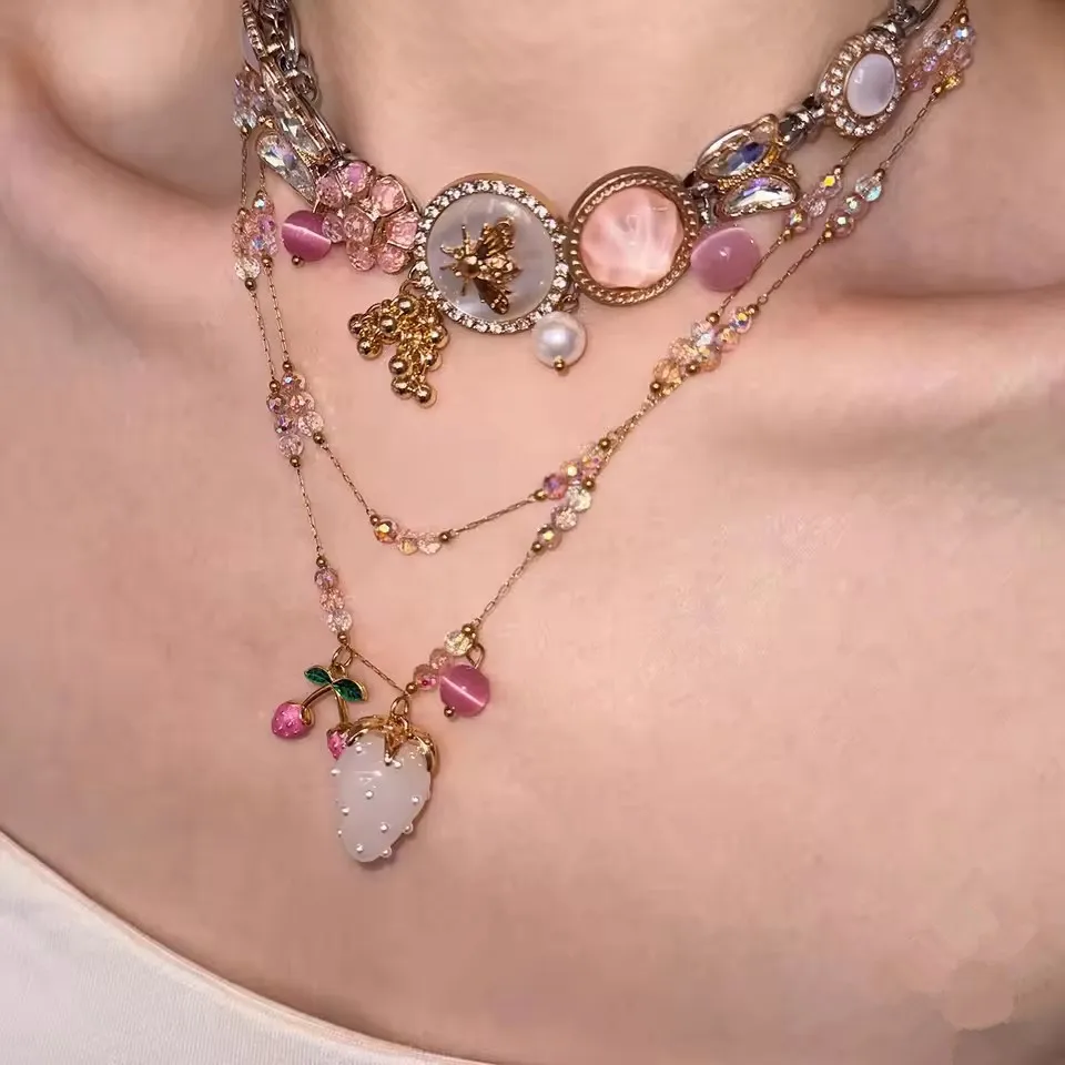 

INS Trendy Strawberry Necklace Cherry Flower Butterfly Pendant Choker for Women Fashion Jewelry