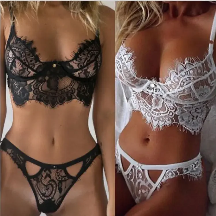 Sexy conjunto de lingerie de renda sexy plus size roupa interior quente conjunto feminino sutiã & calcinha tanga conjunto de renda transparente preto aberto íntimo