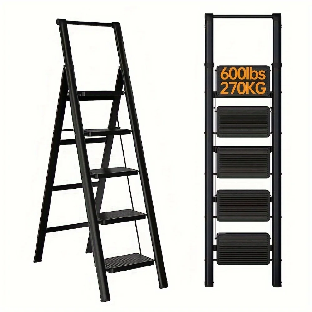 

5 Step Ladder, Portable Folding Step Stool with Wide Anti-Slip Pedal, Sturdy Steel Ladder, Household, Kitchen, Office