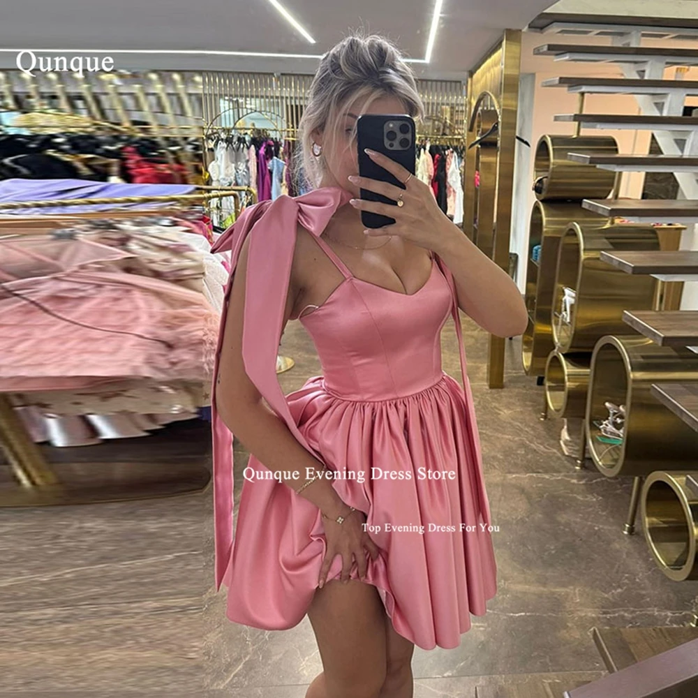 

Qunque Sexy Straps Bows Formal Short Evening Dresses Mini Stain Pleat Customized Dubai Vestido De Noche Special Occasion Dress