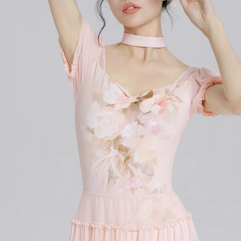 Ivoogle Women's Ballet Leotards Adult Bouquet Printed Patchwork Mesh Bodysuit Pod Short Sleeve Dance Yoga Gymnastic Leotards