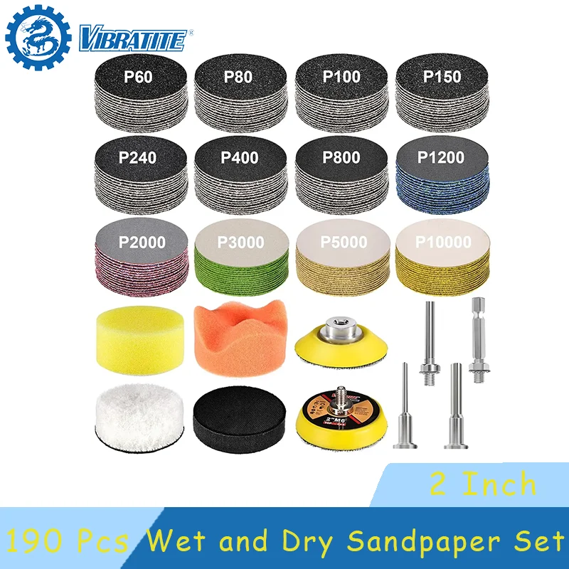 2 Inch Hook and Loop Sanding Disc 190 Pcs Assorted 60 to 10000 Grit Wet Dry Sandpaper with Backing Pad Sponge for Auto Metal