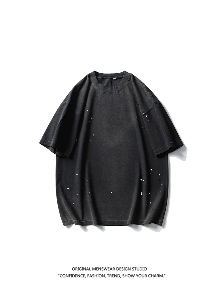 

Мужская свободная футболка с коротким рукавом, летняя коллекция 2025, повседневная, с эффектом брызг чернил, американский тренд, плотная ткань, для пар