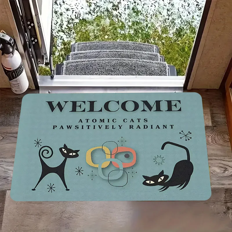 Funny Cat Door Mat, Welcome & Atomic Paws Pattern, Retro Blue Entrance Rug, Non-slip Floor Mat, Pet Lover Home Decor