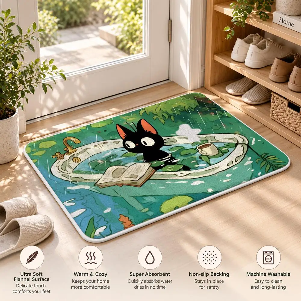 Cartoon Cat in Lotus Leaf Floor Mat Flannel Rug Soft Non Slip Washable Door Mat for Bathroom Bedroom Kitchen Home Decor 3