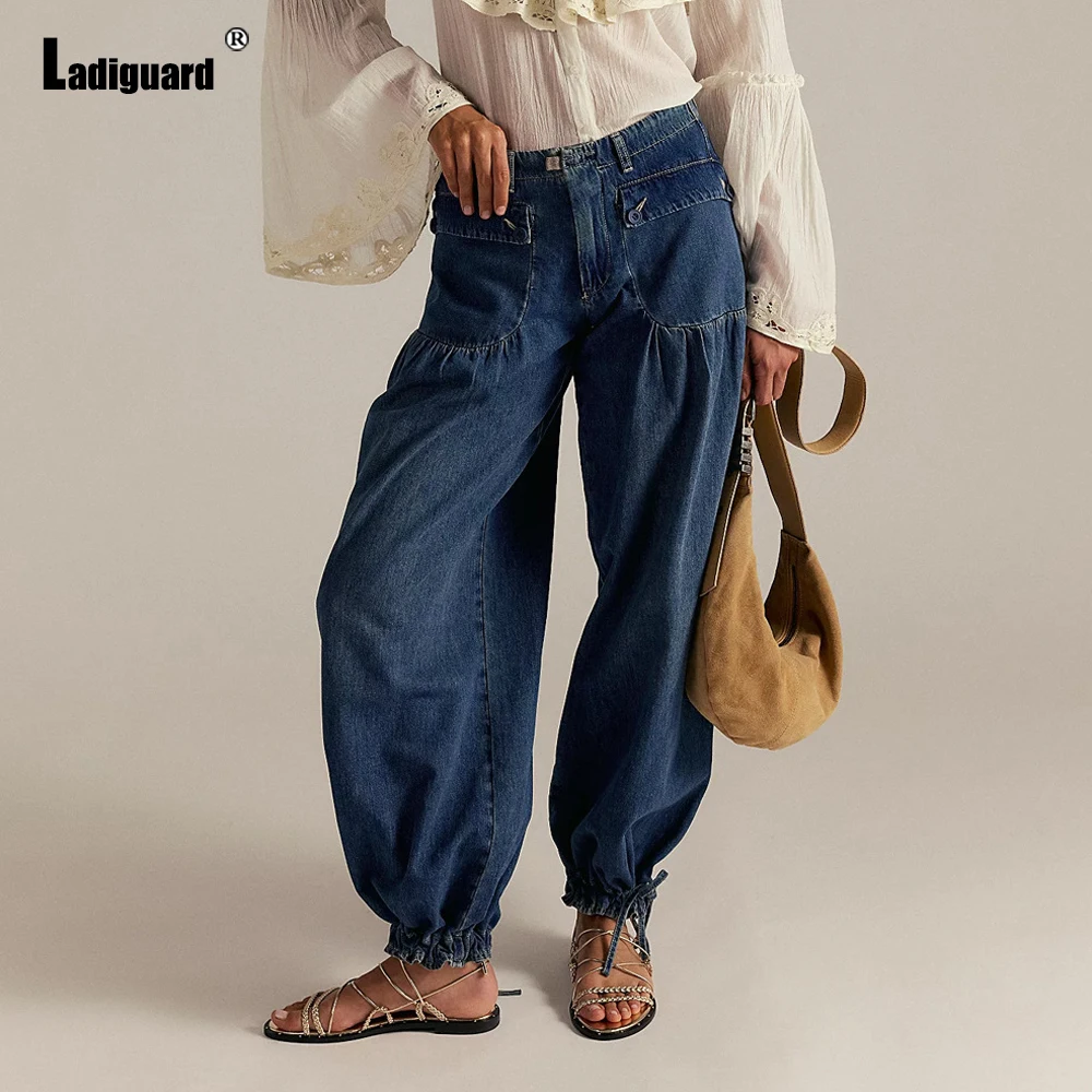 Dames Stand Pocket Casual Bloeiers Denim Broek Sexy Patchwork Jeans Broek 2025, Europese Mode Losse Harem Denim Broek Nieuw