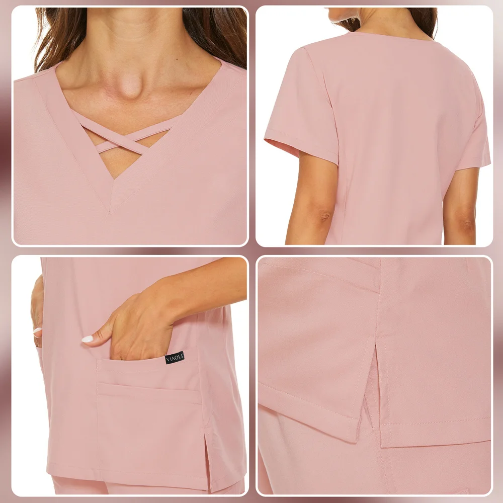 Uniforme della sala operatoria scrub infermieristici top t Shirt Casual manica corta da donna scrub uniformi infermiera con scollo a v tasca top camicetta