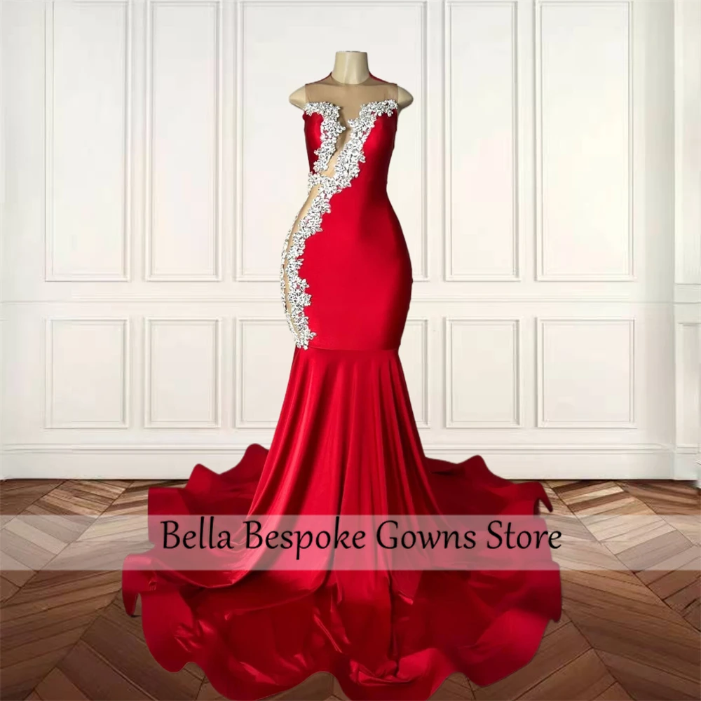 Red O Neck Long Prom Dresses For Black Girls Beaded Appliques 2024 Birthday Luxury Dress Mermaid Graduation Gown