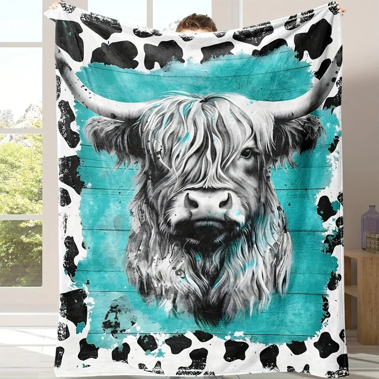 1PC Comfortable Soft Highland Cow Stuff Wool Blanket - Thick Knitted Farmhouse Style Polyester Blanket for Beds, Sofas Office