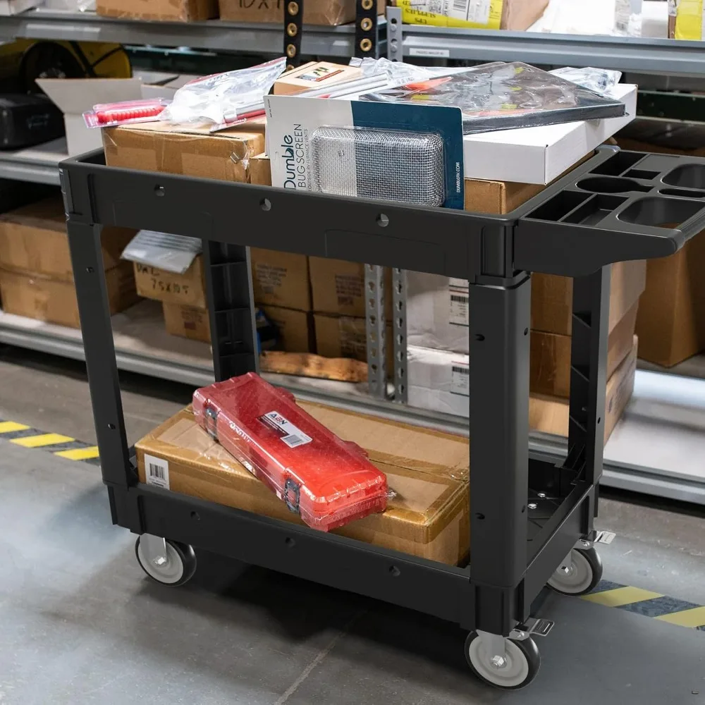 عربة أدوات بلاستيكية متدحرجة من طبقتين مع مقبض مريح وأرفف عميقة لتخزين الأدوات وتنظيم مساحة العمل