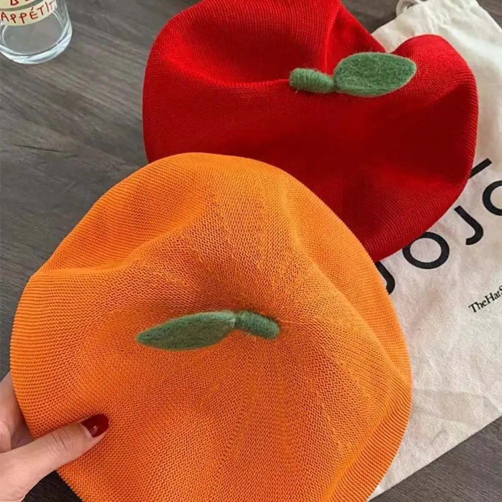 Japanese Pink Peach Girl Painter Hat Little Leaf Orange Beret Fruit Caps Breathable Fresh Cute Beanie Beret Cap Female Lady
