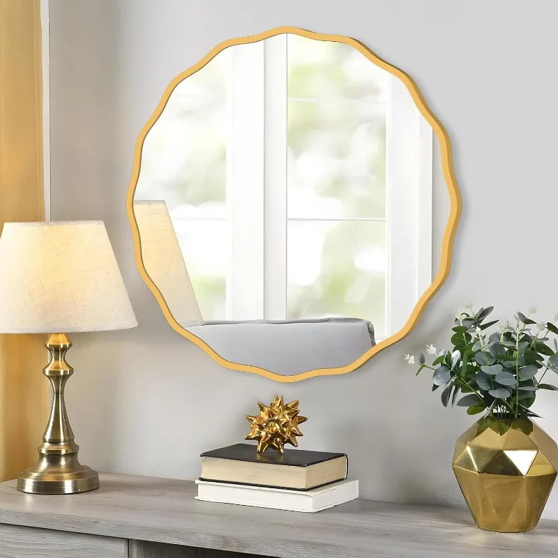 Round Mirror for Wall Decorative 20 inch Modern Gold Wavy Mirror Whit Wood Frame Circle Wall Mirror