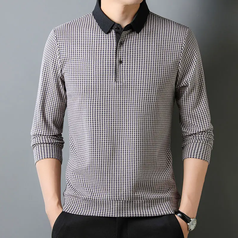 Middle-aged and Young Men's Long-sleeved T-shirt Dad's Business Casual Free-iron Loose Lapel Plaid POLO Shirt
