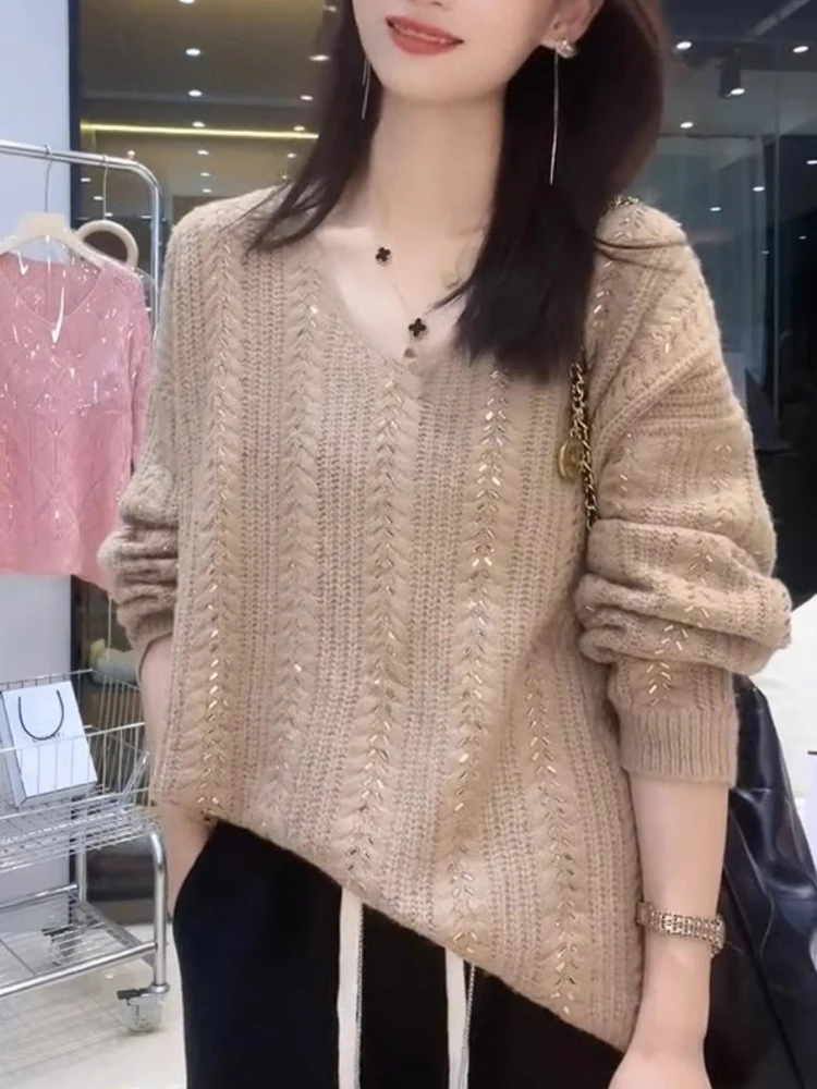 

Удобный мягкий трикотаж Camere с V-образным вырезом, модный топ, тяжелый рабочий тонкий вкус, свободный крой, корейский длинный све