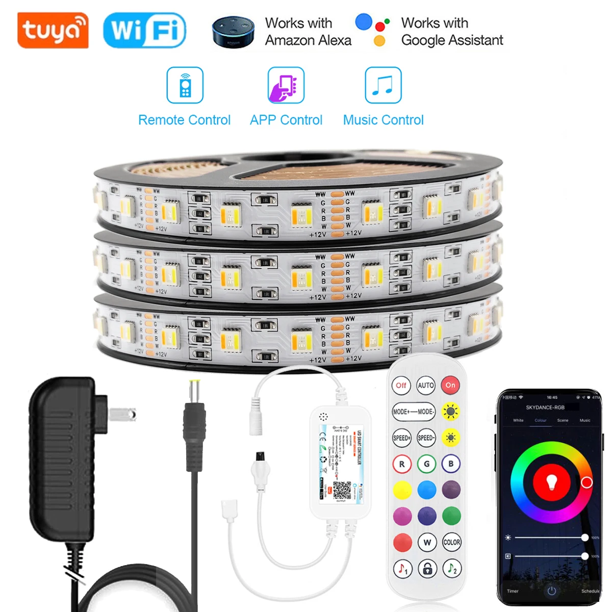 

Tuya Wifi APP+24Key Music Remote Controller DC12V 5050 60LEDS/M RGB+CCT/RGBCW 5in1 Flexible LED Light Strips F Echo Google Home