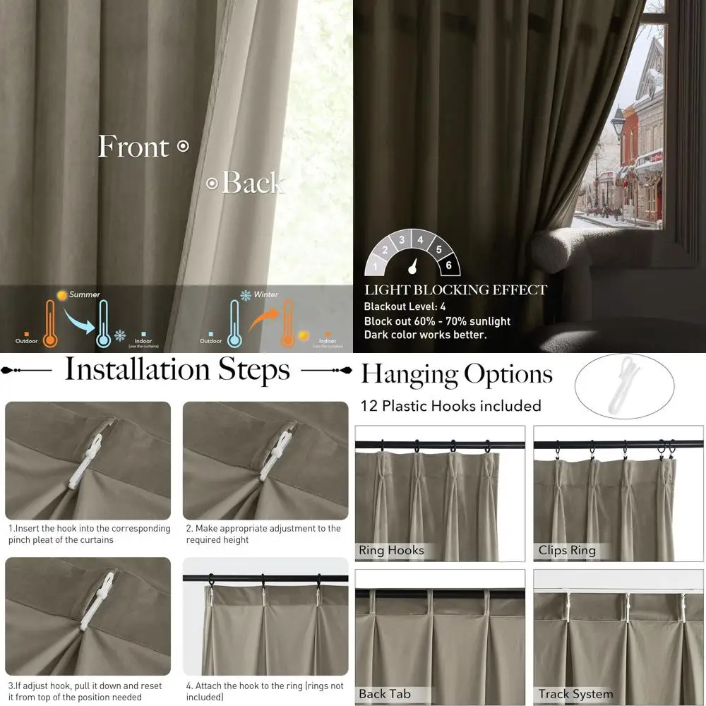 84 Rideaux occultants longs en velours Beige chameau plissé, rideaux doux isolés thermiques pour chambre à coucher, salon, bureau (2 panneaux