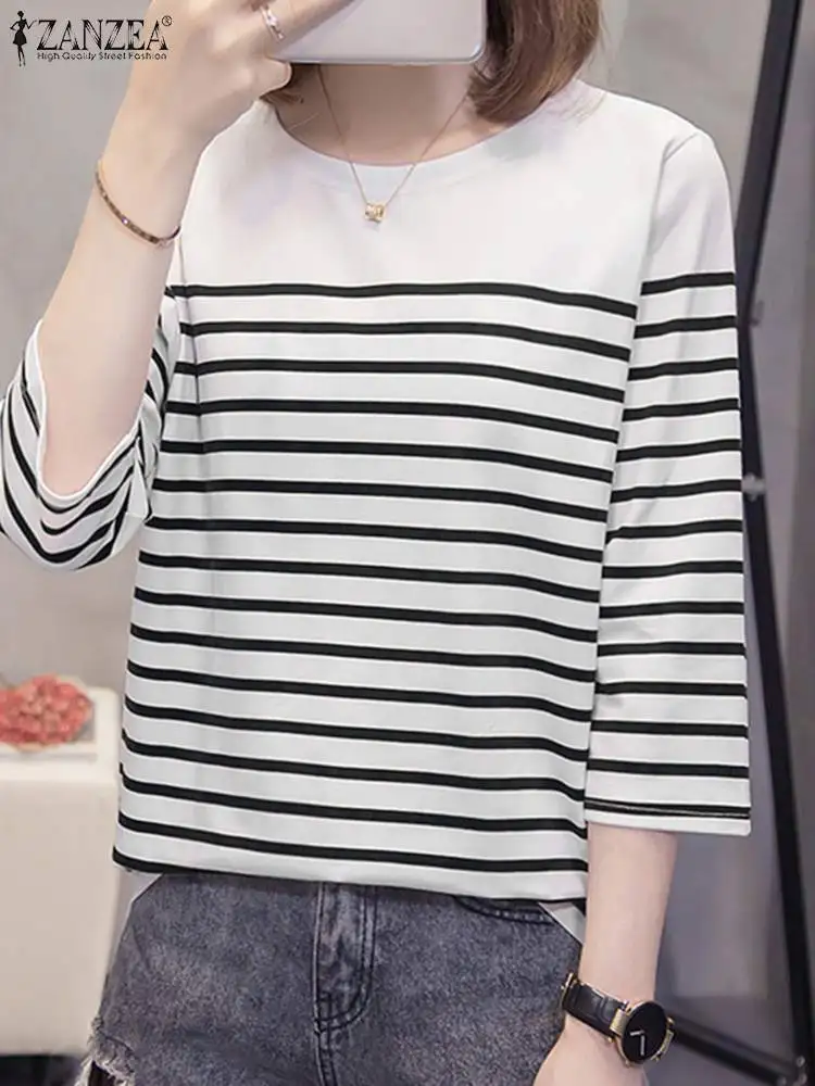 ZANZEA Casual Loose Striped Shirts Blouses Women 2024 Korean Fashion Color Blocking Summer Blusas Mujer Elegant 3/4 Sleeve Tops