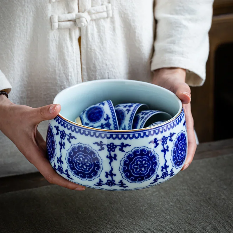 

Blue and White Porcelain Large Tea Basin Writing-Brush Washer Cup Wash Bowl Kung Fu Tea Ceremony Tea Wash