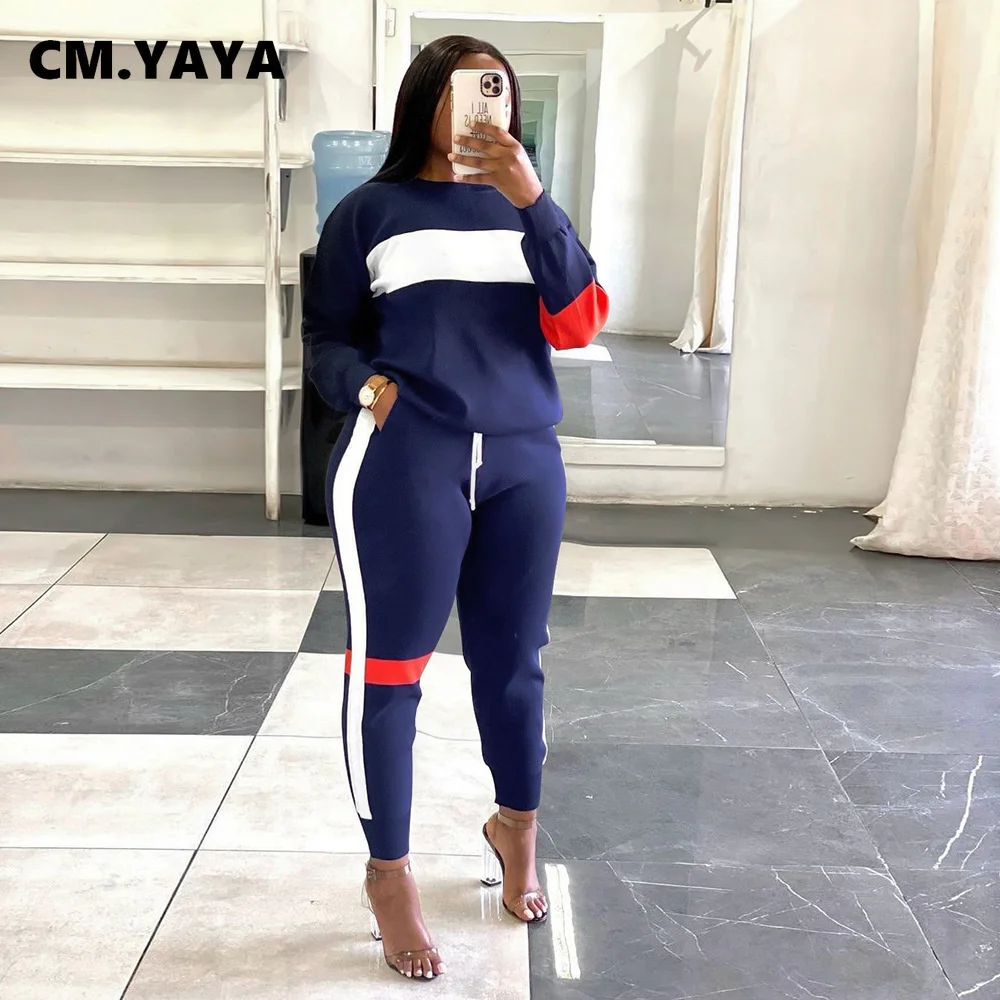 CM.YAYA Active Two 2 Pieces Set for Women Fall Winter Fitness Outfit Pullover Sweatshirt + Jogger Pants Sporty Street Tracksuit