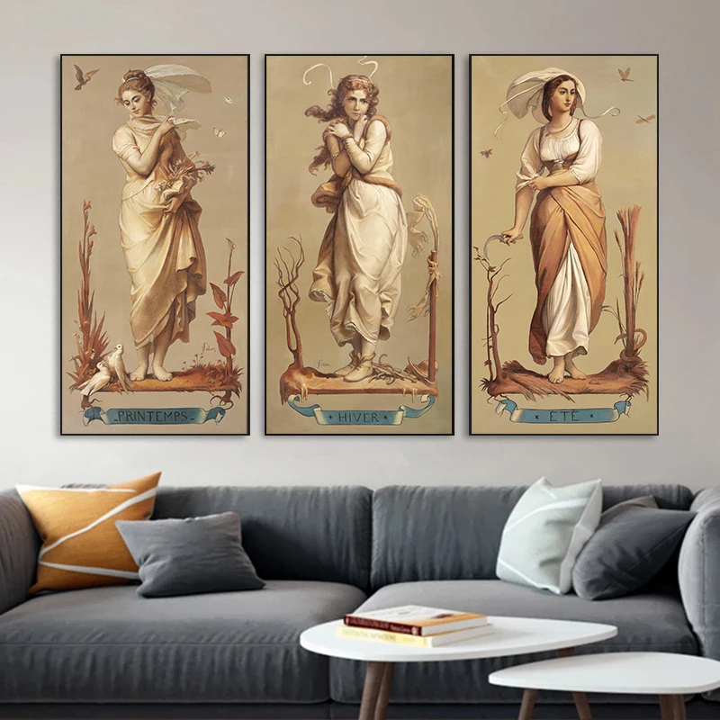 Vintage Woman Illustration Posters and Prints The Four Seasons Canvas Painting Wall Art Pictures for Living Room Home Decor