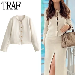 TRAF Beige Cropped Jacket Women Long Sleeve Chic And Elegant Woman Jacket Autumn Winter Button Short Coats New In Outerwears