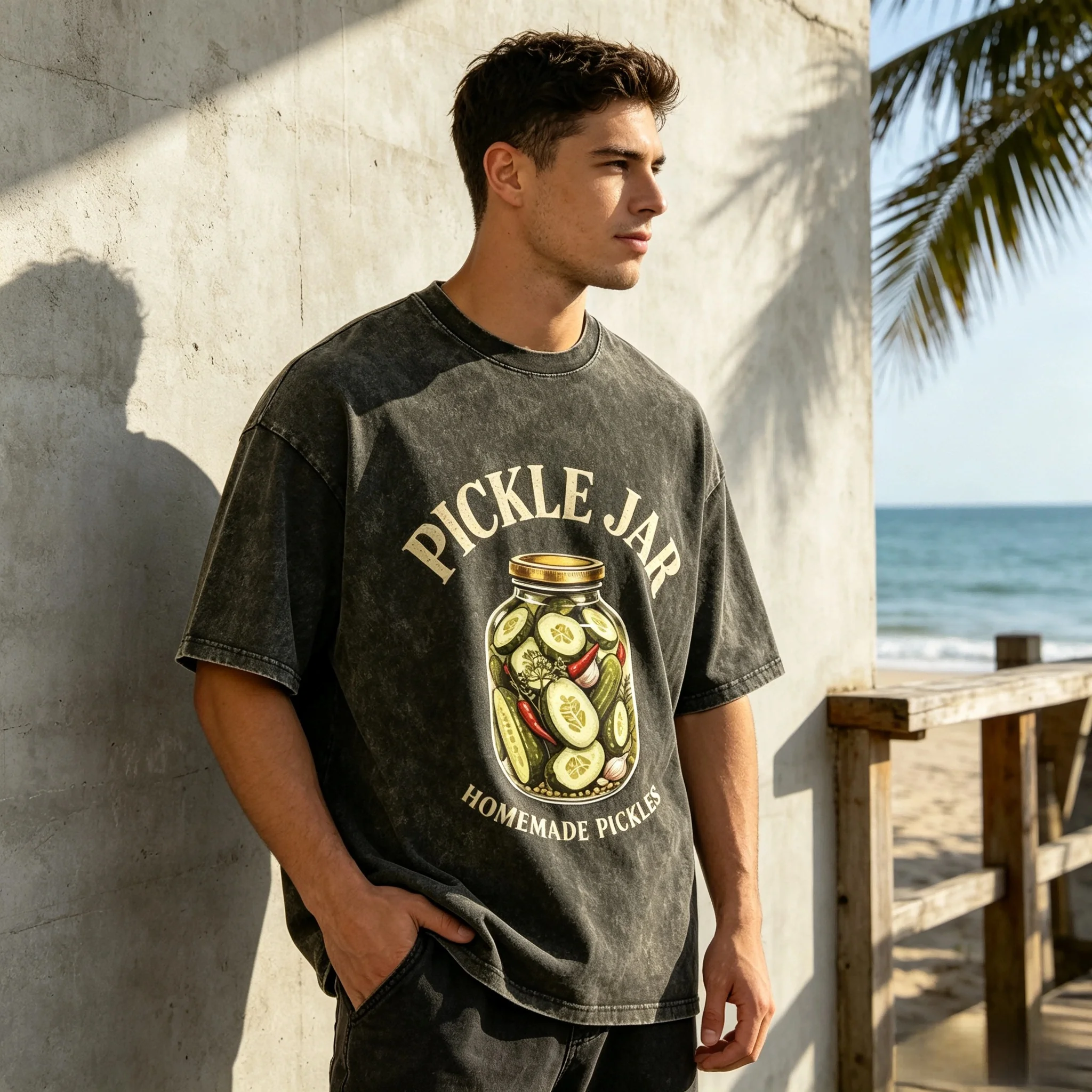 Pickle Jar Homemade Pickles Graphic T Shirt Men Women Vintage Washed Black Tee Funny Food Short Sleeve Casual  ﻿