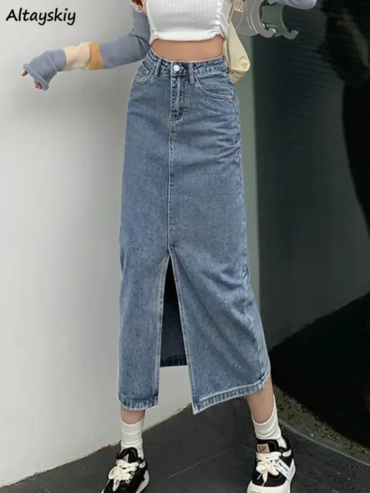 

Denim Midi Skirts Women Chic Slit Straight Casual Vintage Solid Simple Fashion Korean Style Elegant Classic Spring High Waist