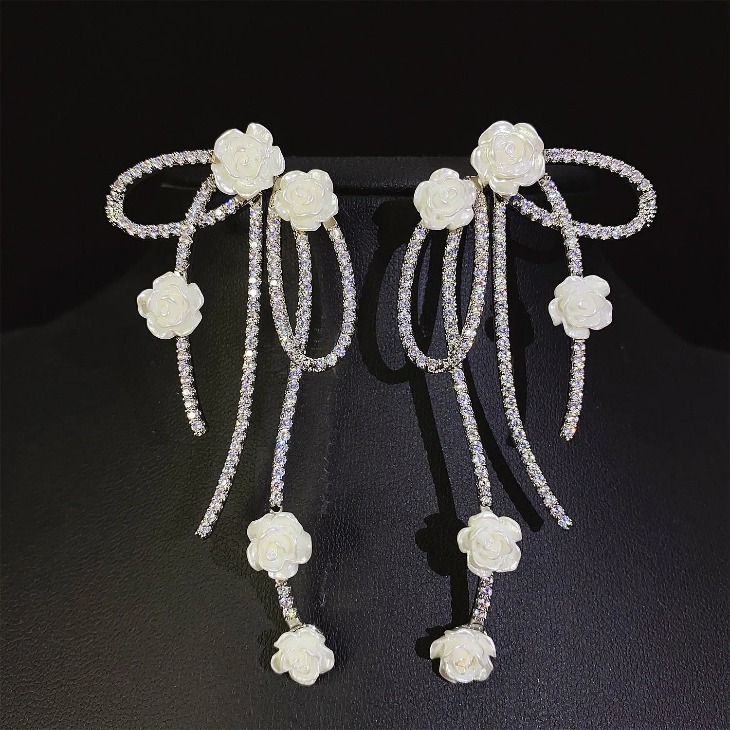Large Bowknot Rose Earrings Zirconia Silver Color Luxury Jewelry Women Wedding Dinner Party Gown Accessories Shiny Gift