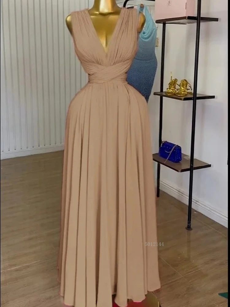 2025, neue Damen-Kleid, ärmellos, Ausschnitt, Rückenwickel, V-Ausschnitt, plissiert, A-Linie, Chiffon, Maxi-langes Kleid, Geburtstag, Urlaub, sexy Partykleider