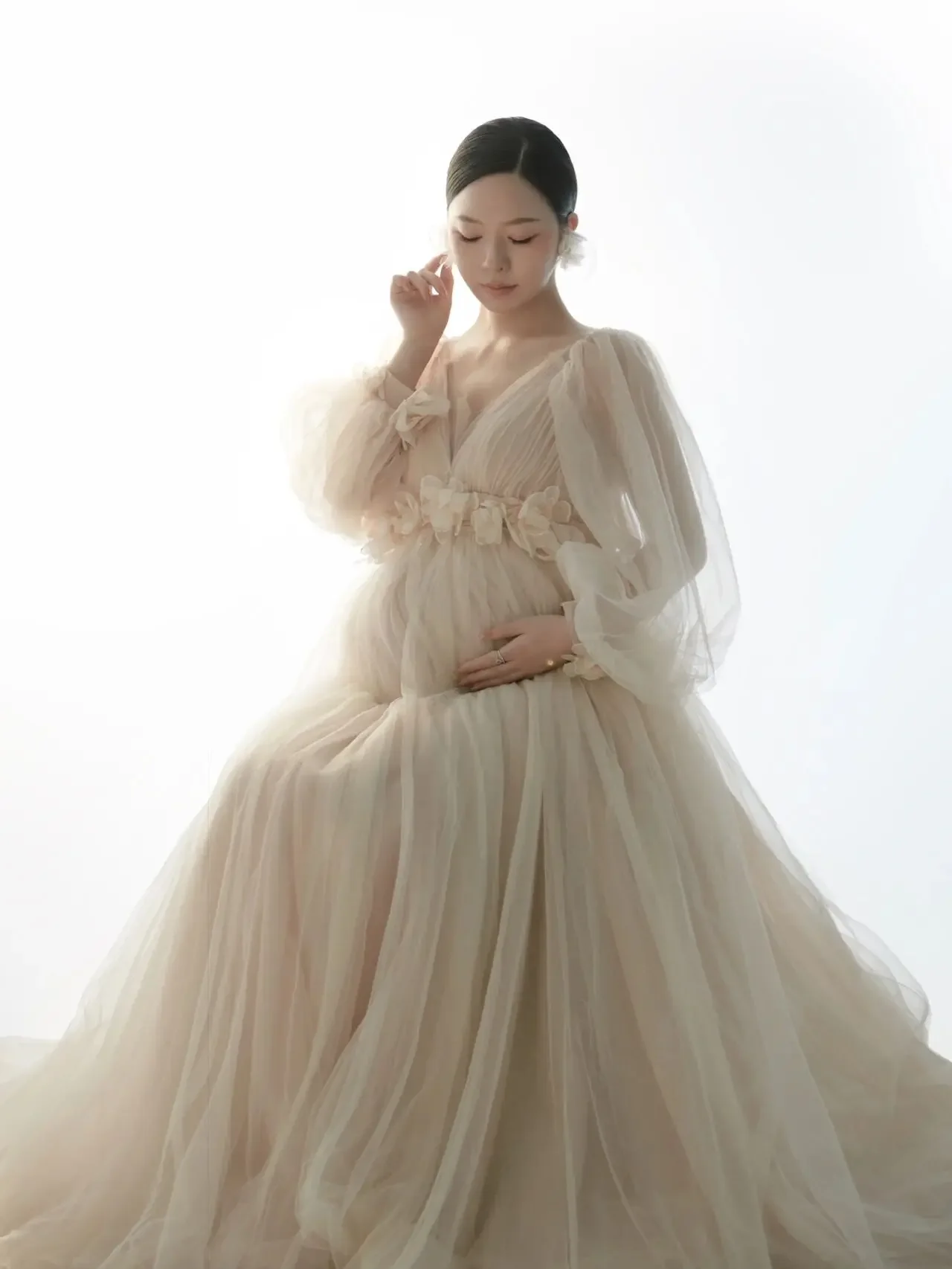 Robe Longue en Maille pour Femme Enceinte, Tenue de Séance Photo, Col en V, Manches sulf, Tulle Floral, Couleur Champagne, Accessoires de Photographie