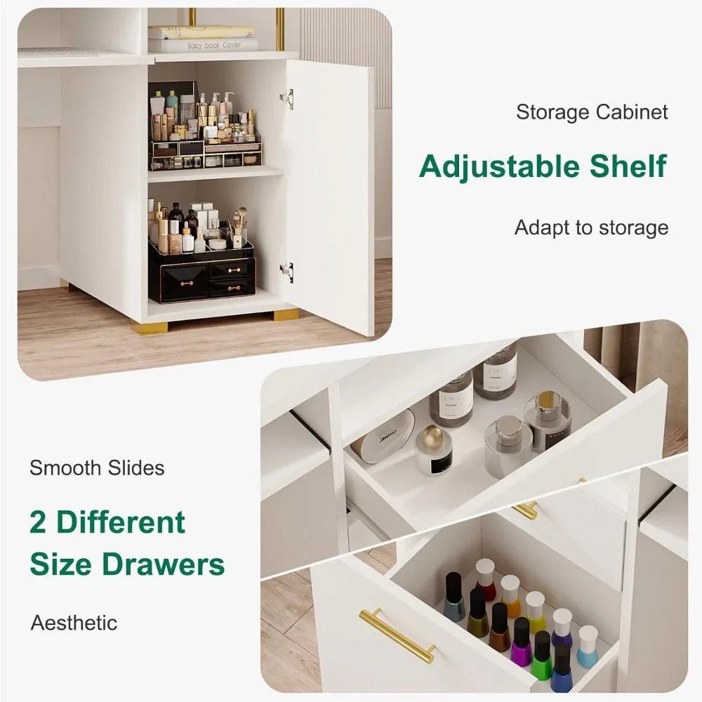 Mesa de manicure com 2 gavetas e armário, mesa de unhas branca e dourada de 55 polegadas para técnicos de unhas, prateleira móvel incluída