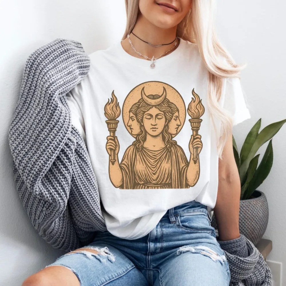 Camiseta de diosa Triple Hecate, camiseta con diseño de bruja y Luna, camiseta de mitología griega, regalo de bruja de poder femenino oscuro, Tops de algodón para mujer