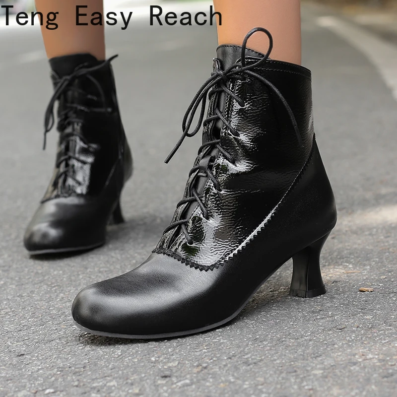 

Big Size 50 Short Boot Female Lace-up Elegant Ankle Boots for Women Low Heels Black Brown Footwear Shoes New 2025 Spring Fall