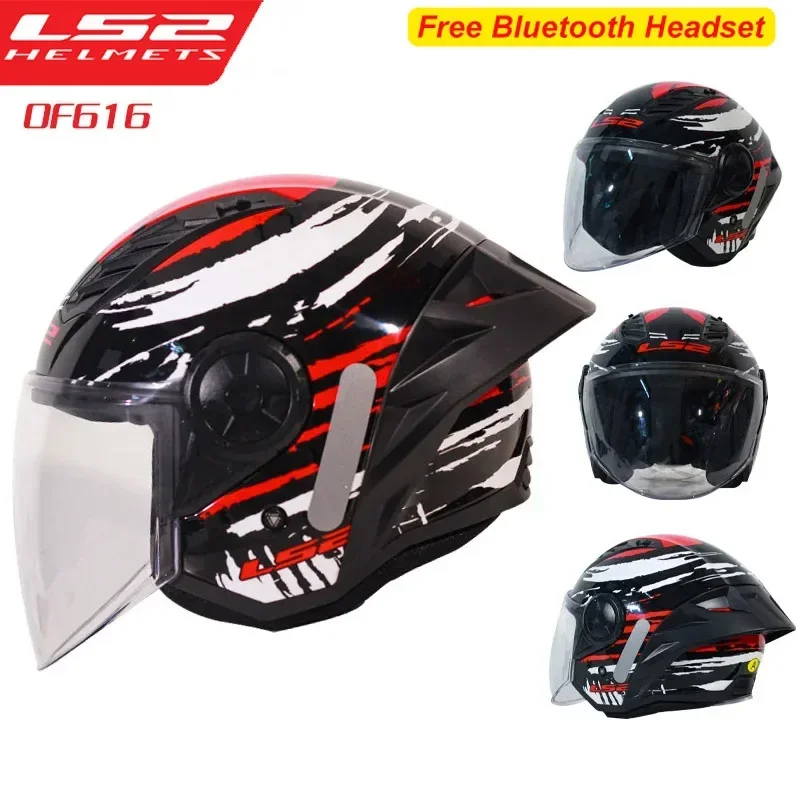 Open Face Motorcycle Helmets Capacete LS2 OF616 Airflow HEL' Big Tail Wing Bluetooth Headset Scooter Half Helmets