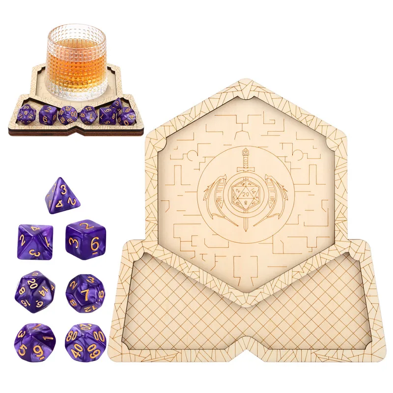 

Entertainment Board Game Accessory Wings Fighter Pattern Wooden Coaster with 7pcs Plastic Polyhedral Dices Role Play Gaming Dice