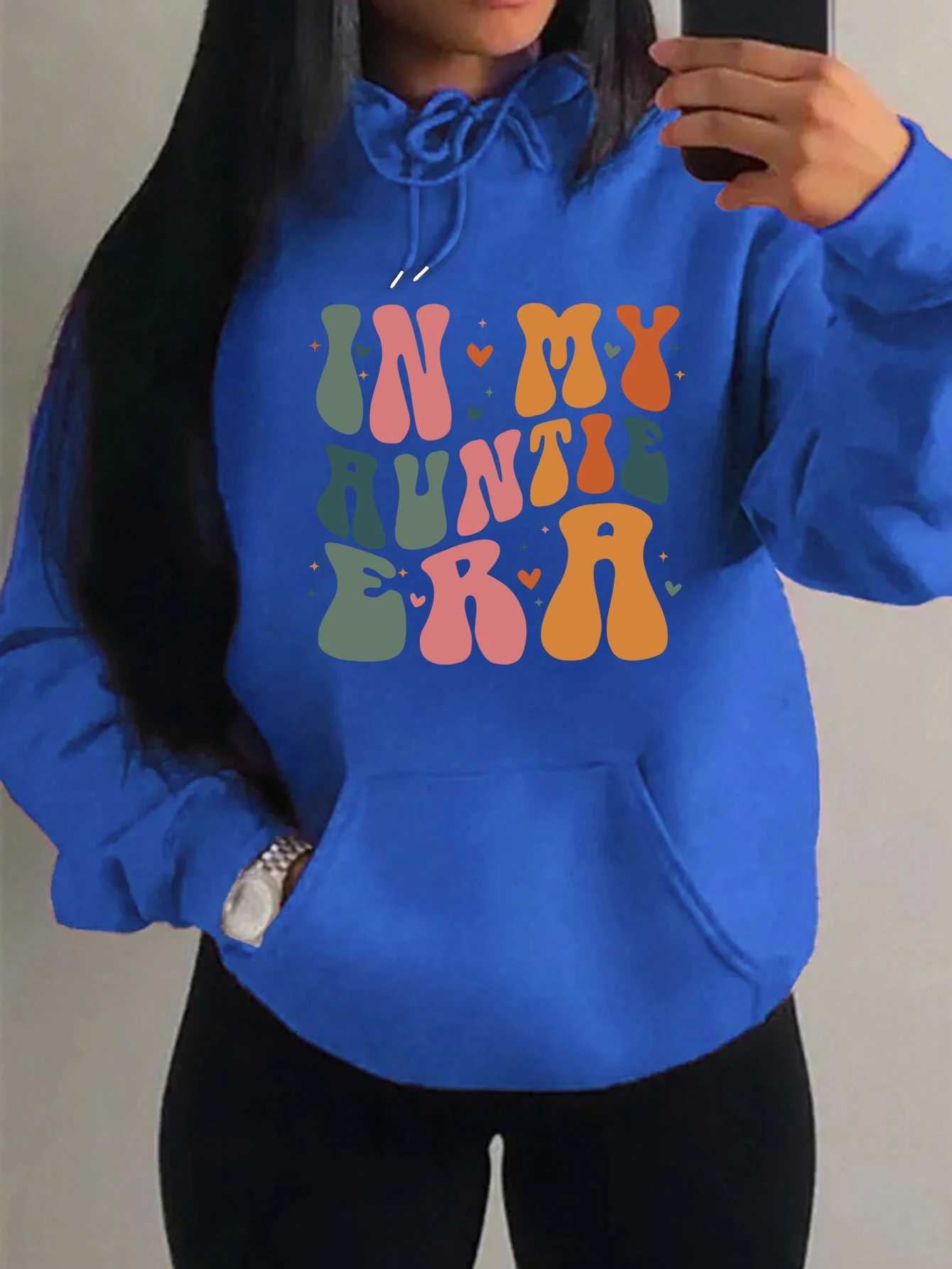 In My Auntie Era Colorful Word Pattern Women Clothes Fashion Pocket Hoodie Autumn Unisex Clothing Casual Loose Female Hoodies