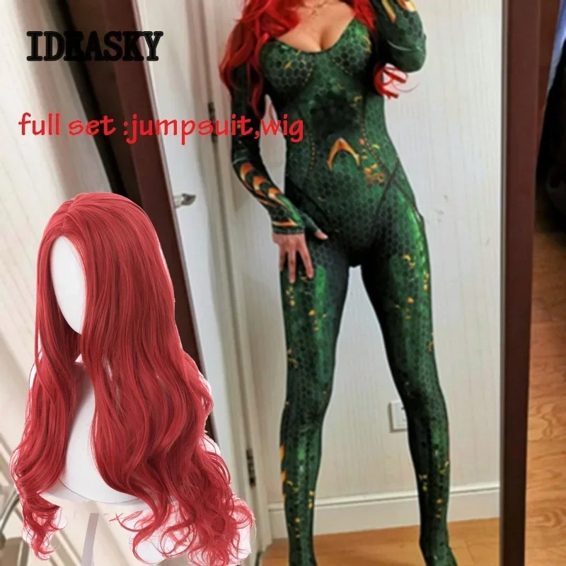 Traje de cosplay de película de Carnaval de Halloween para mujer, mono de cosplay de aquaman y mera, peluca de superhéroe, mono Zentai, monos para adultos