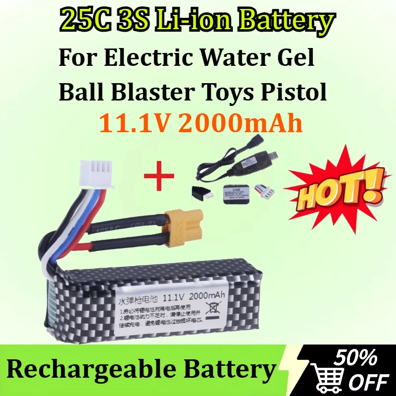 

3S 11.1V 2000mAh 25C Li-ion Battery/USB for Electric Water Gel Ball Blaster Toys Pistol/ Eco-friendly Beads Bullets Toys Air Gun