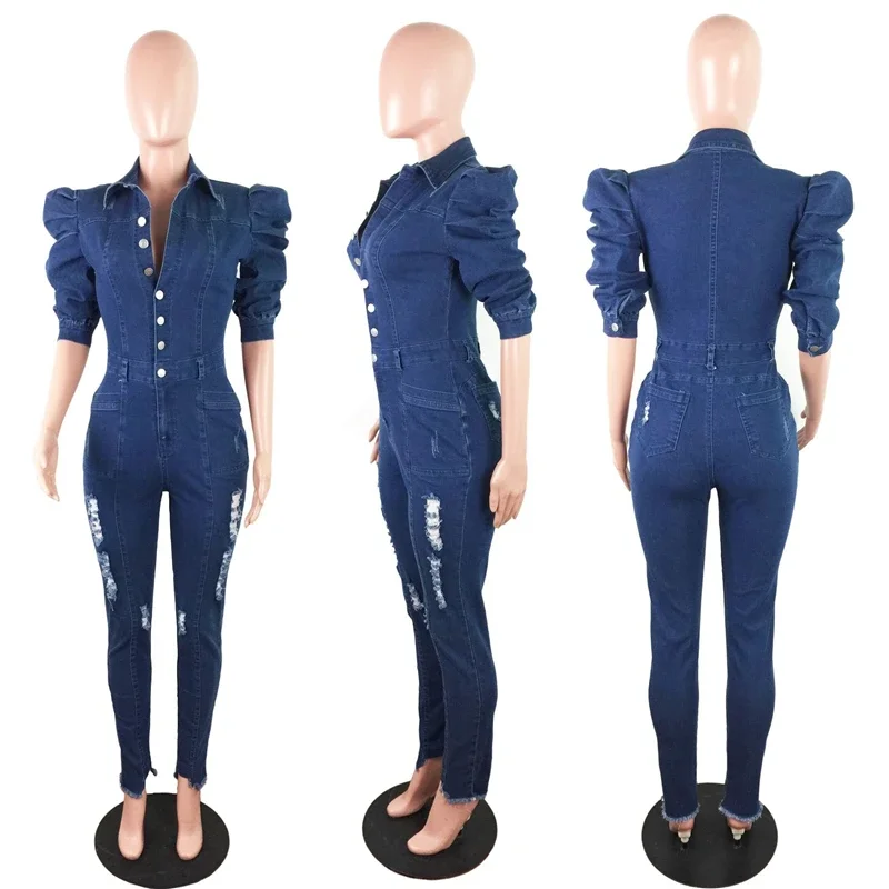 Playsuit jeans rasgado para mulheres, bodycon de algodão, macacão jeans longo, manga puff, macacão buraco, combinação de macacão sexy, plus size