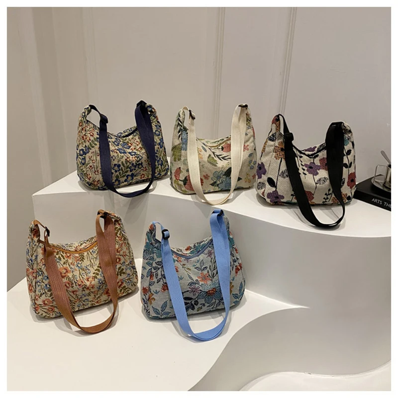 

5pcs Shoulder Bags Women Polyester Flower Embroidery Cross Pillow Shaped Crossbody Bag Mix Color