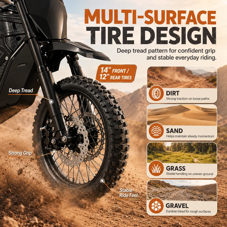3000W Peak Power Off-Road E-Motorcycle 48V 20.8Ah | 38 MPH Top Speed & 283Nm Torque, 65° Climbing Ability | Dual Suspension Electric Bike with 14" Front / 12" Rear Tires, 40-Mile Range image 8