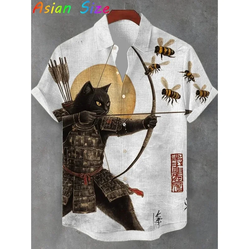 Camisas Vintage Japonesas com Estampa de Gato e Arco 2026, Camisa Retro de Poliéster para Uso Diário Masculino e Feminino, Manga Curta, Solta, com Bot