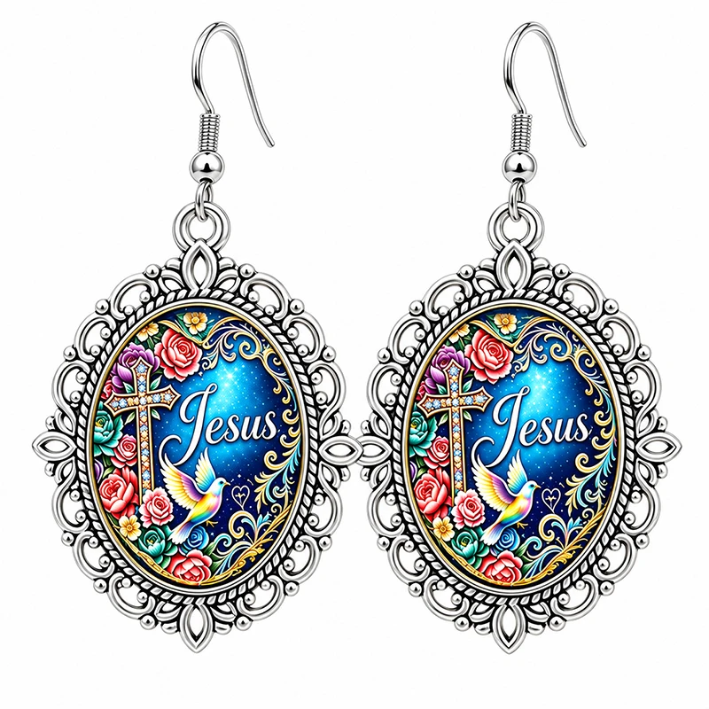 Vintage Drop Earrings Jesus Cross Floral Blue Glass Pendant Silver Tone Faith Jewelry For Women Gift